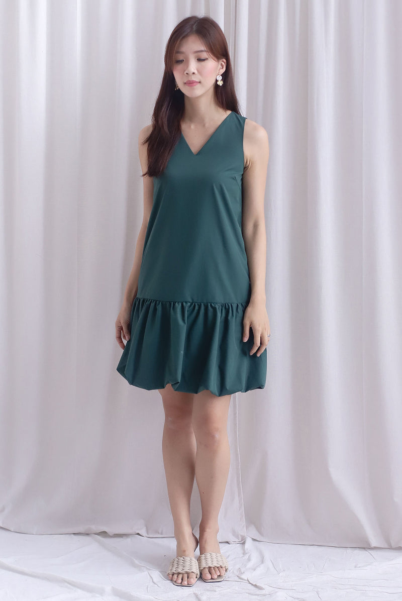 Agnella Balloon Hem Babydoll Dress In Forest Green