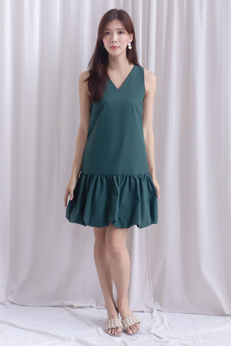Agnella Balloon Hem Babydoll Dress In Forest Green