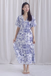 Alesha Puffy Sleeve Twist Knot Maxi Dress In Blue Porcelain