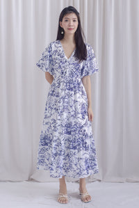 Alesha Puffy Sleeve Twist Knot Maxi Dress In Blue Porcelain