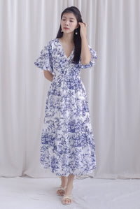 Alesha Puffy Sleeve Twist Knot Maxi Dress In Blue Porcelain