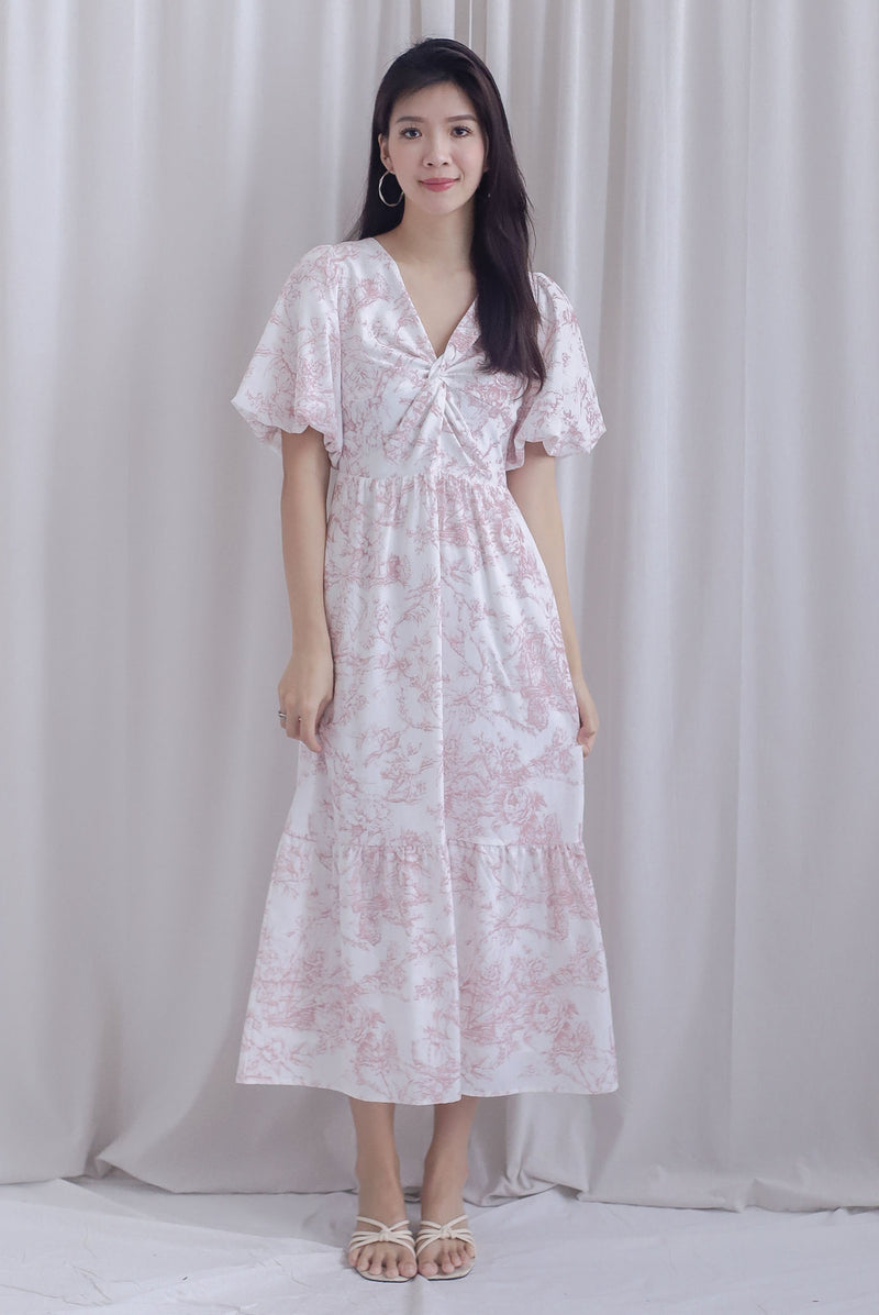 Alesha Puffy Sleeve Twist Knot Maxi Dress In Pink Porcelain