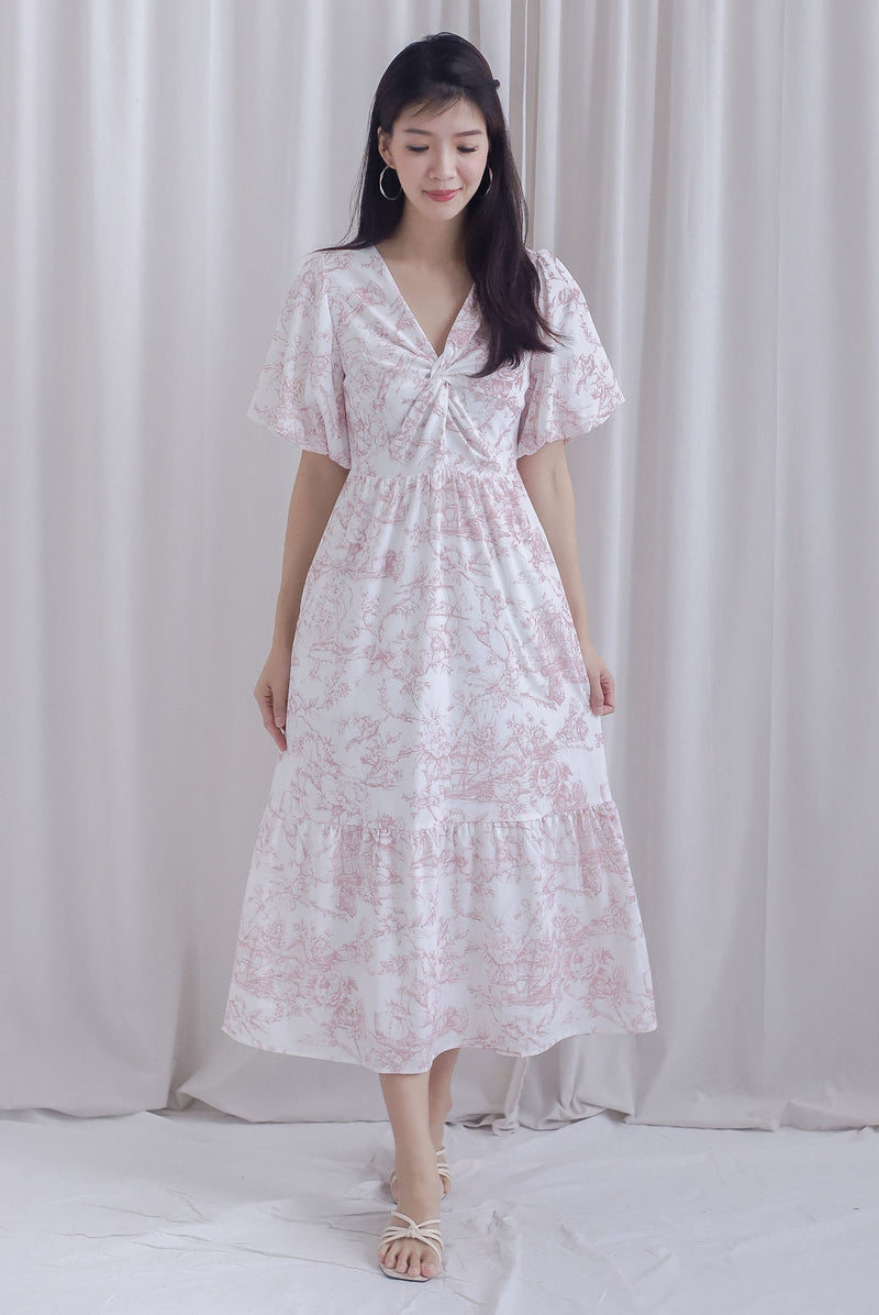 Alesha Puffy Sleeve Twist Knot Maxi Dress In Pink Porcelain