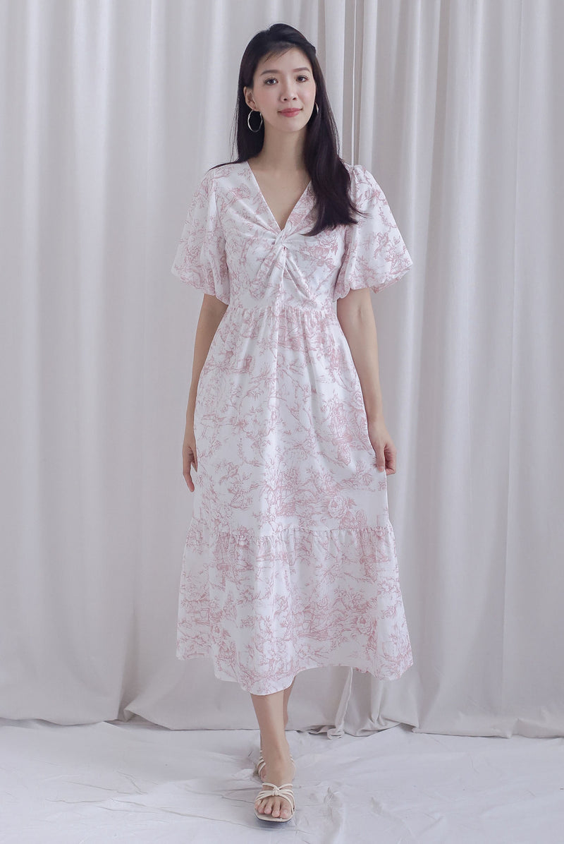 Alesha Puffy Sleeve Twist Knot Maxi Dress In Pink Porcelain