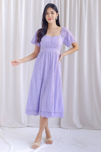 Anastasia Eyelet Sleeved Midi Dress In Lilac