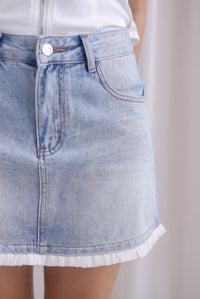 Anastasia Pleated Trim Denim Skirt In Light Wash