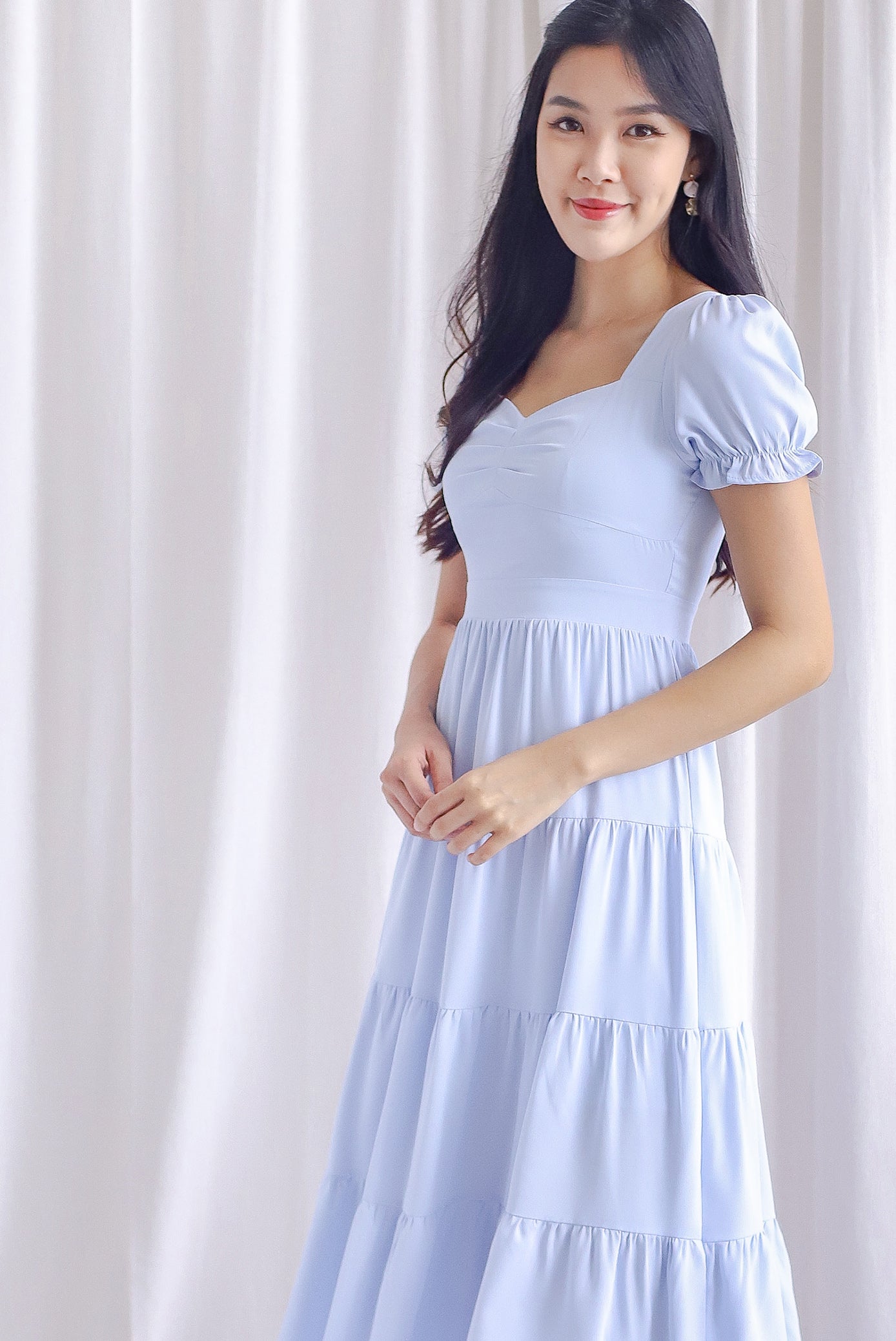 Angelina Puffy Sleeved Tiered Maxi Dress In Blue