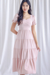Angelina Puffy Sleeved Tiered Maxi Dress In Pink