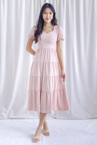 Angelina Puffy Sleeved Tiered Maxi Dress In Pink