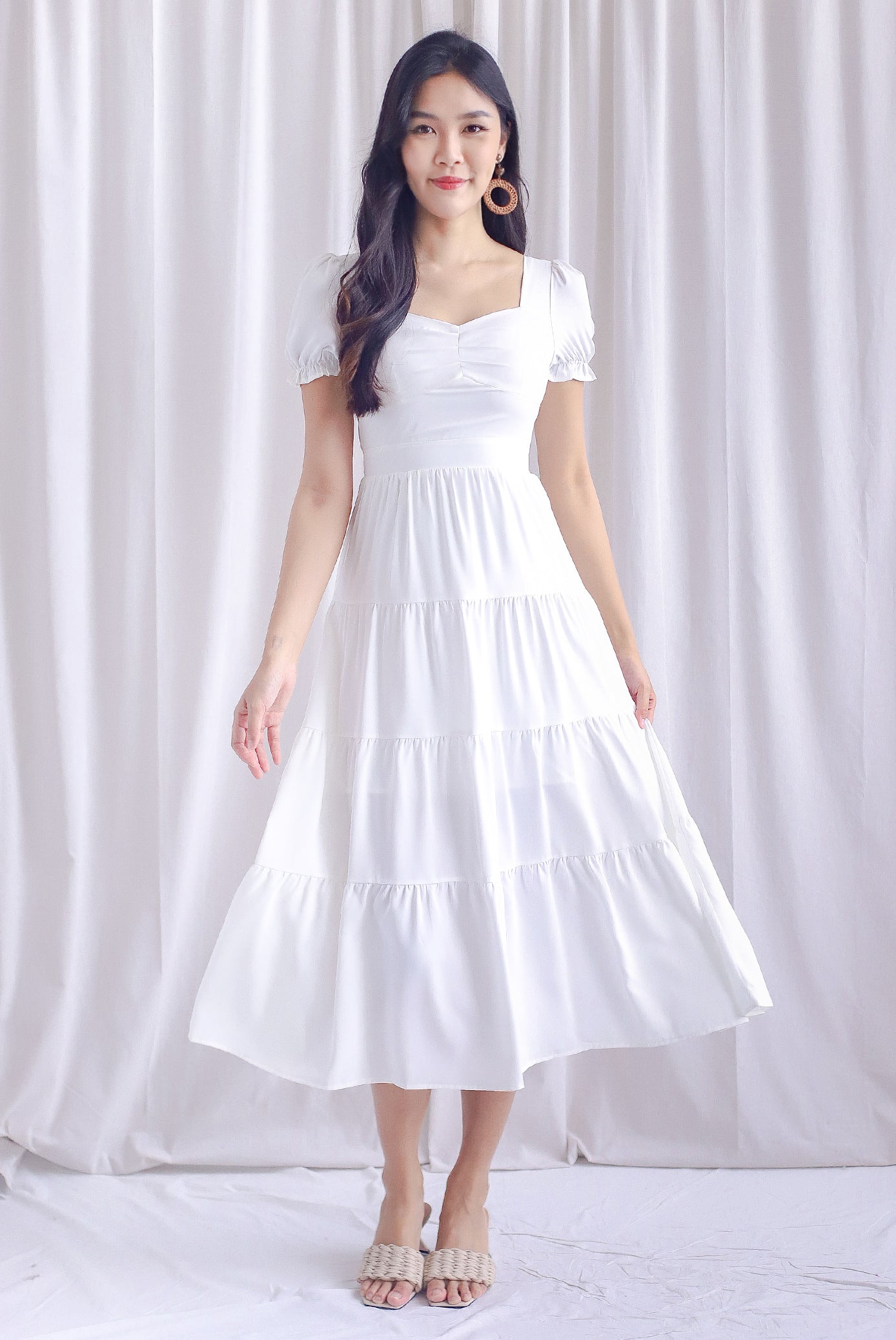 Angelina Puffy Sleeved Tiered Maxi Dress In White