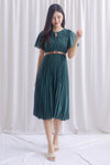 Anissa Flare Sleeve Pleated Dress In Forest Green