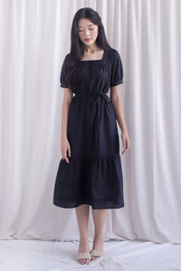 Antoinette Sashed Pintuck Hem Maxi Dress In Black