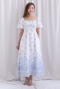 Ariel Watercolour Embro Smocked Maxi Dress In Blue