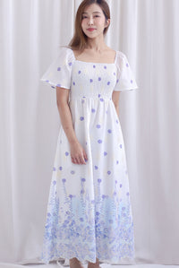 Ariel Watercolour Embro Smocked Maxi Dress In Blue