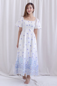 Ariel Watercolour Embro Smocked Maxi Dress In Blue