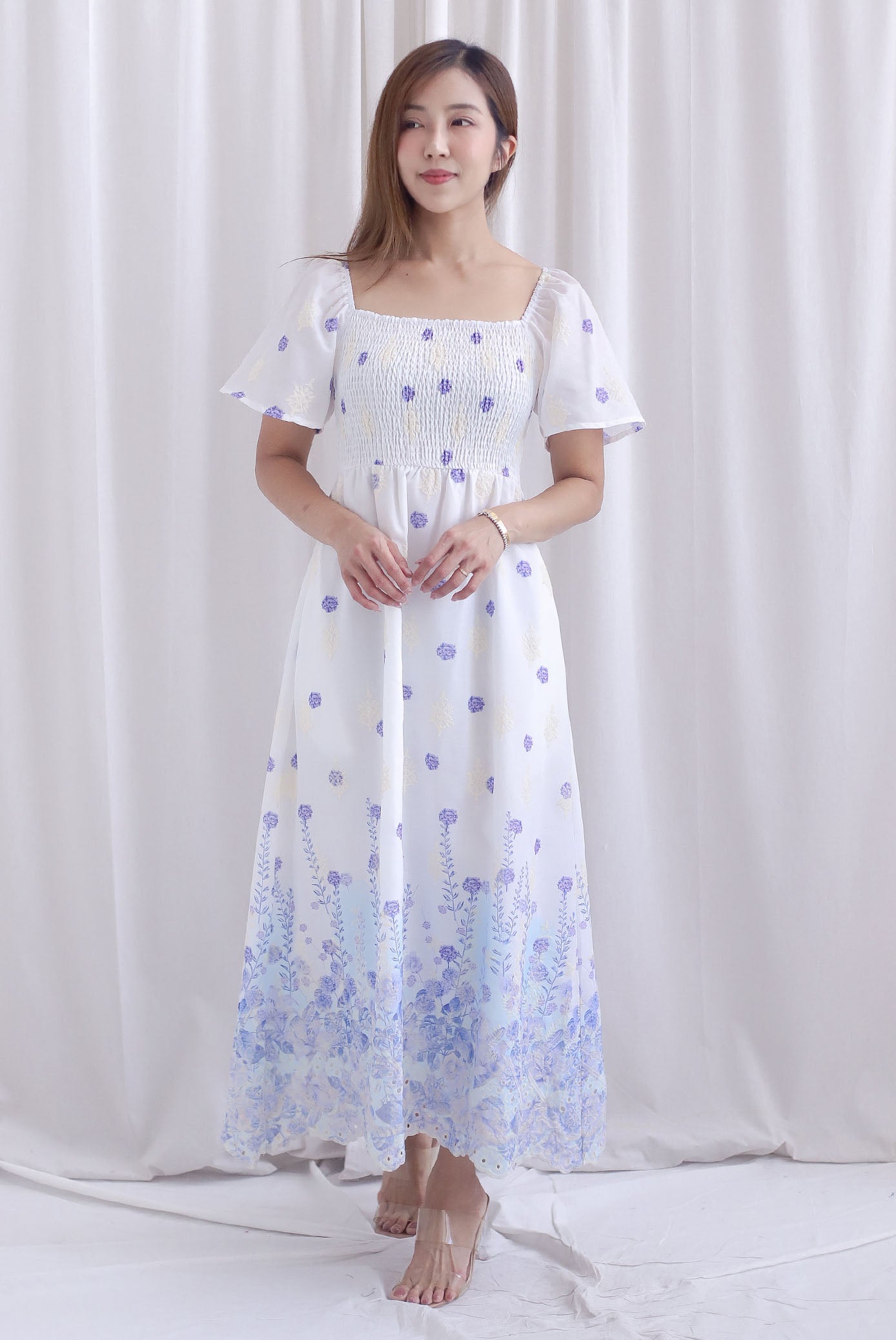 Ariel Watercolour Embro Smocked Maxi Dress In Blue
