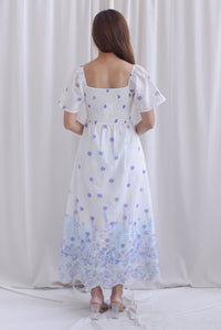 Ariel Watercolour Embro Smocked Maxi Dress In Blue