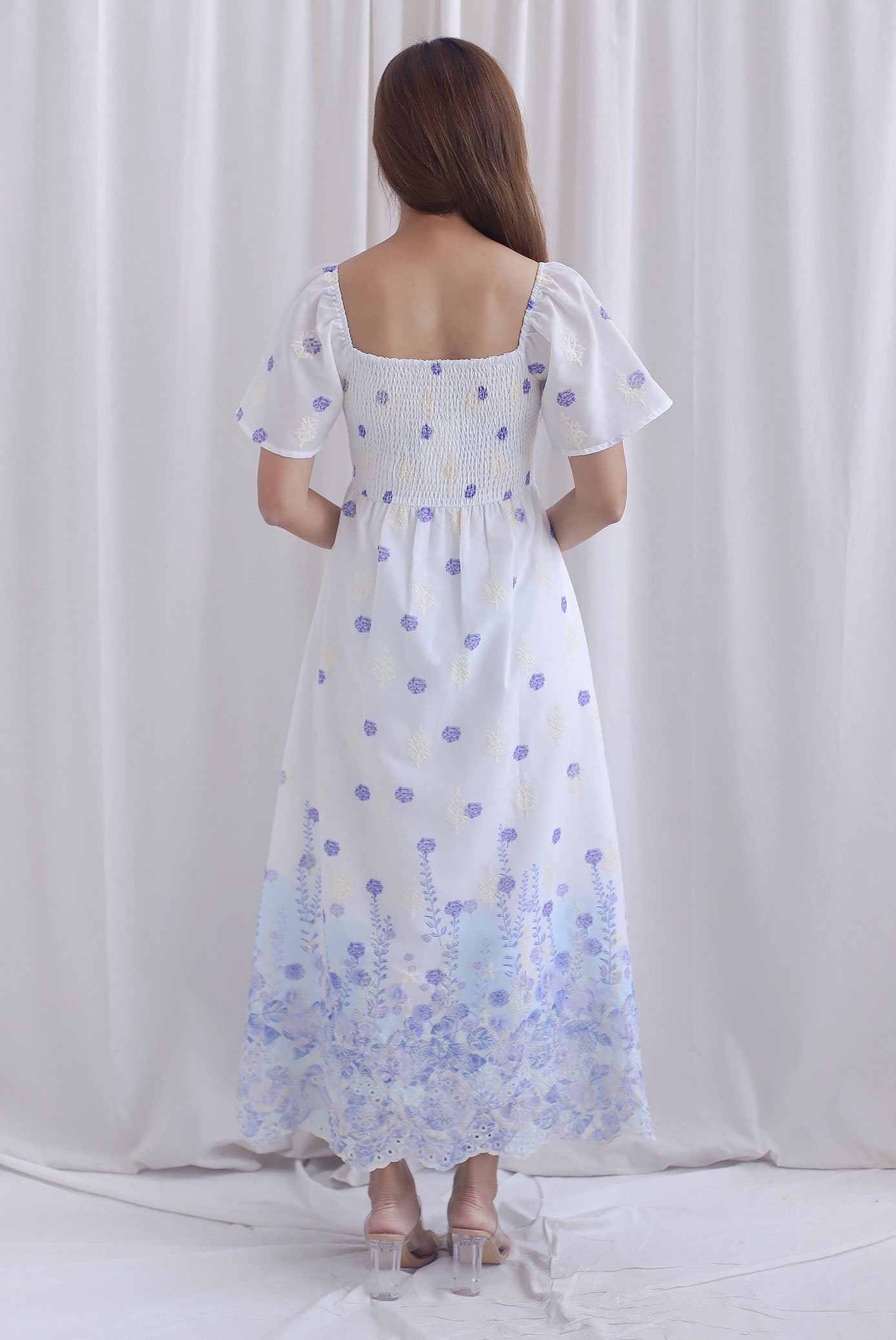 Ariel Watercolour Embro Smocked Maxi Dress In Blue