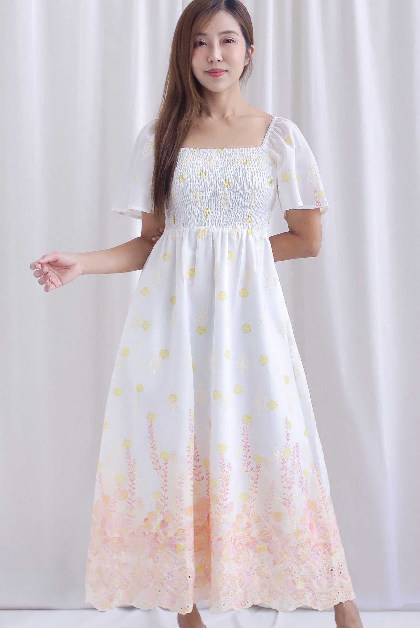 Ariel Watercolour Embro Smocked Maxi Dress In Orange