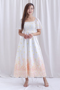 Ariel Watercolour Embro Smocked Maxi Dress In Orange