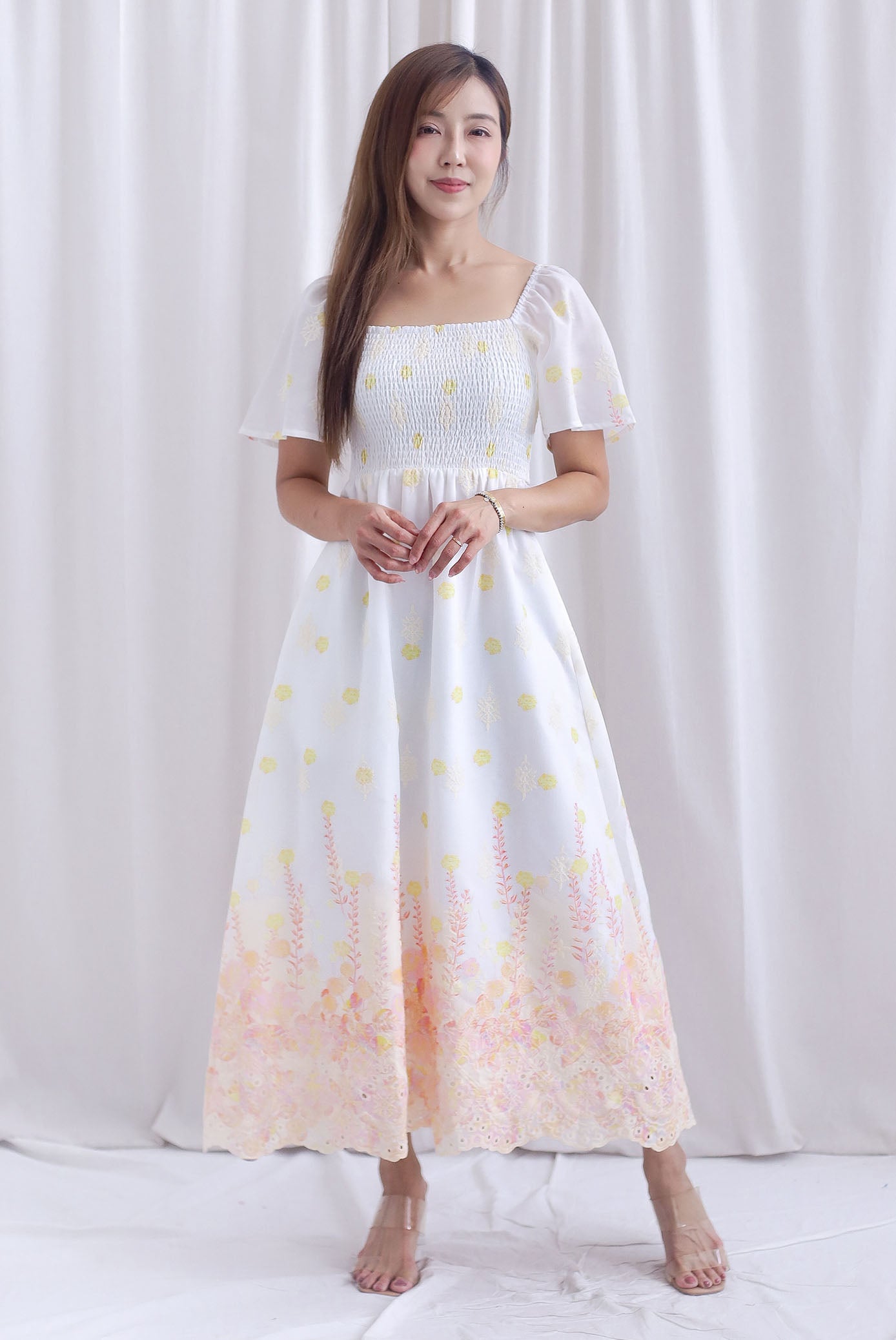 Ariel Watercolour Embro Smocked Maxi Dress In Orange