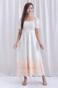 Ariel Watercolour Embro Smocked Maxi Dress In Orange