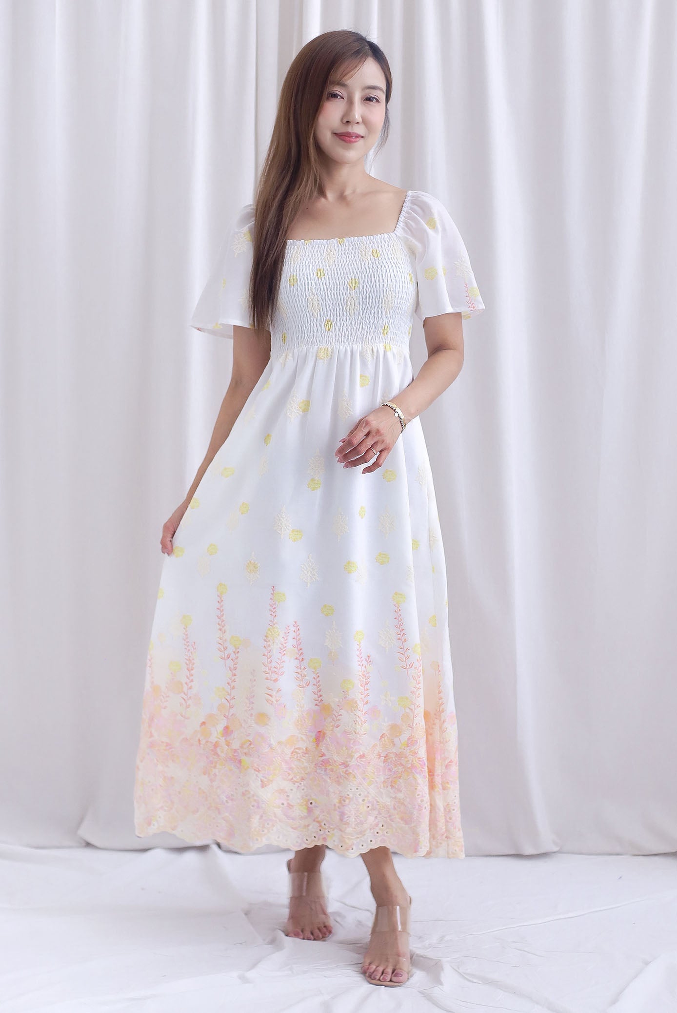 Ariel Watercolour Embro Smocked Maxi Dress In Orange