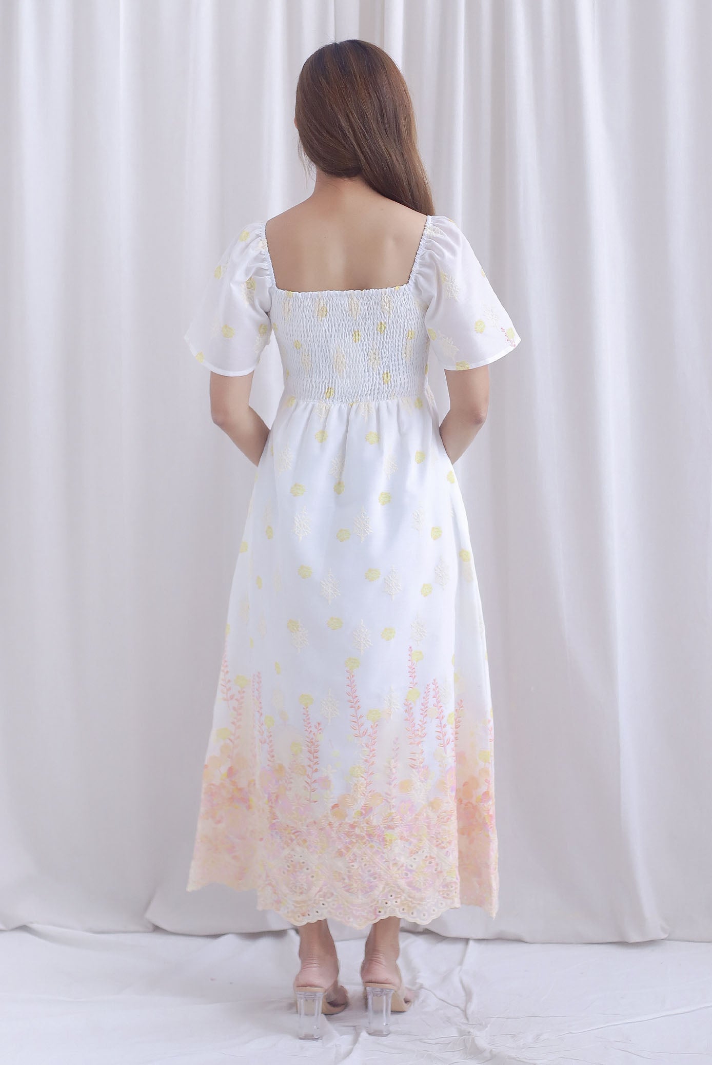 Ariel Watercolour Embro Smocked Maxi Dress In Orange