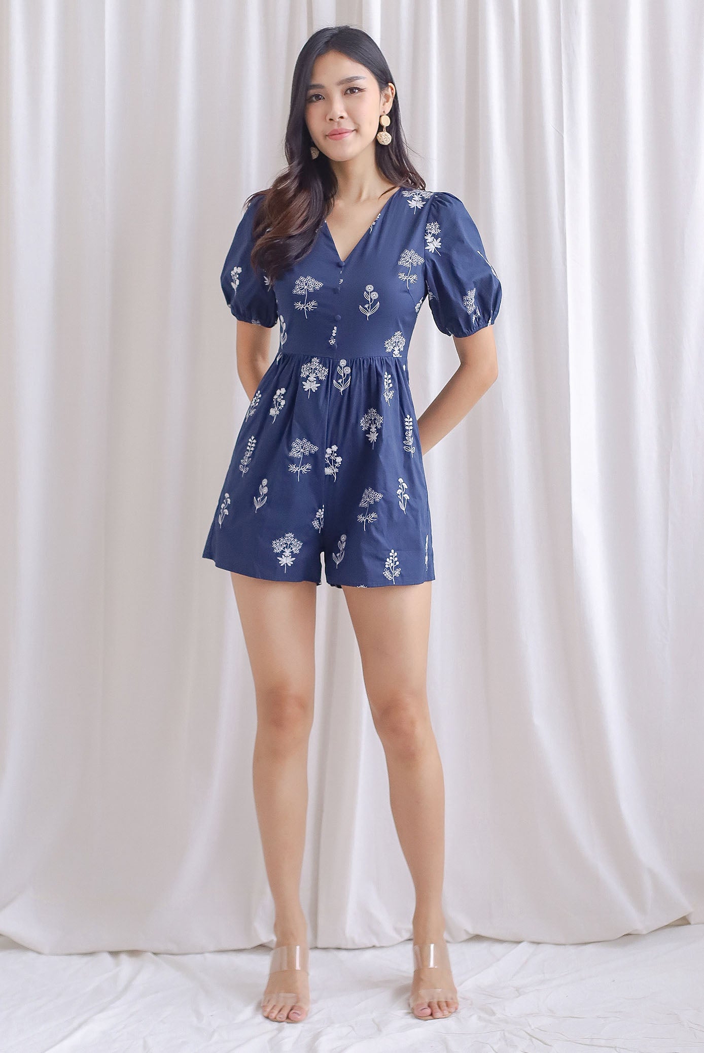 Armelle Embro Puffy Sleeve Buttons Romper In Navy Blue