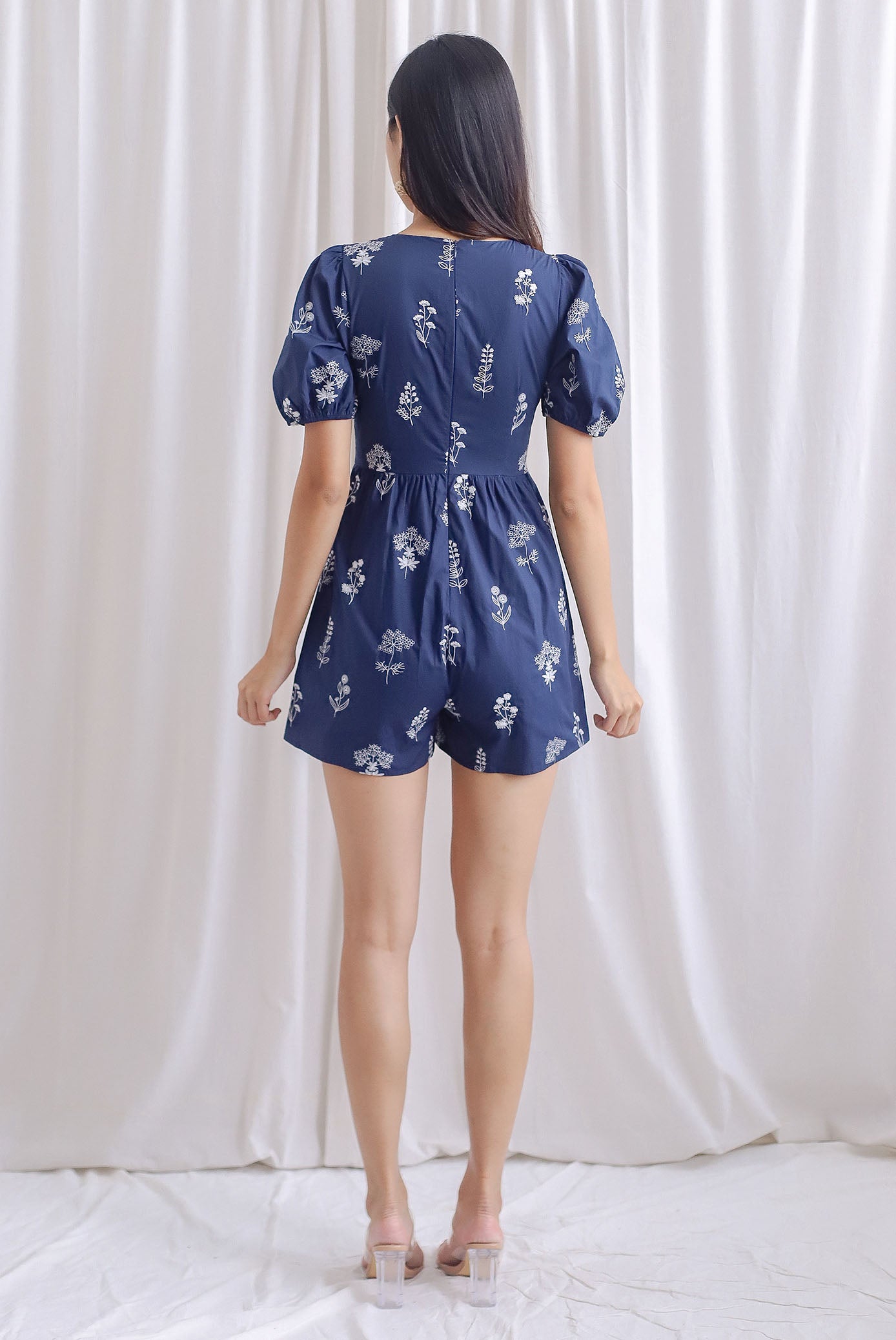 Armelle Embro Puffy Sleeve Buttons Romper In Navy Blue