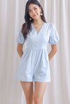 Armelle Embro Puffy Sleeve Buttons Romper In Skyblue