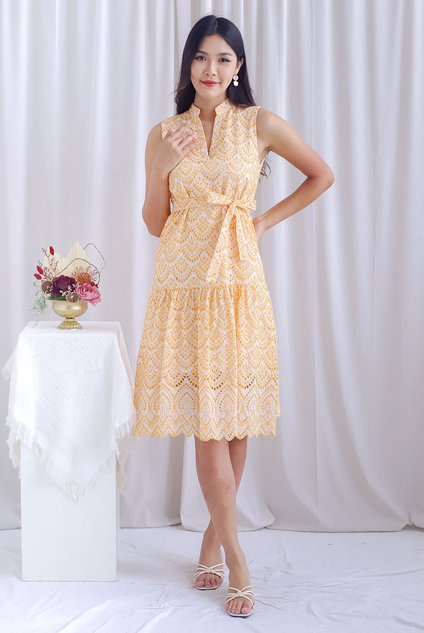 Arrie Embro Oriental Collar Tiered Dress In Yellow