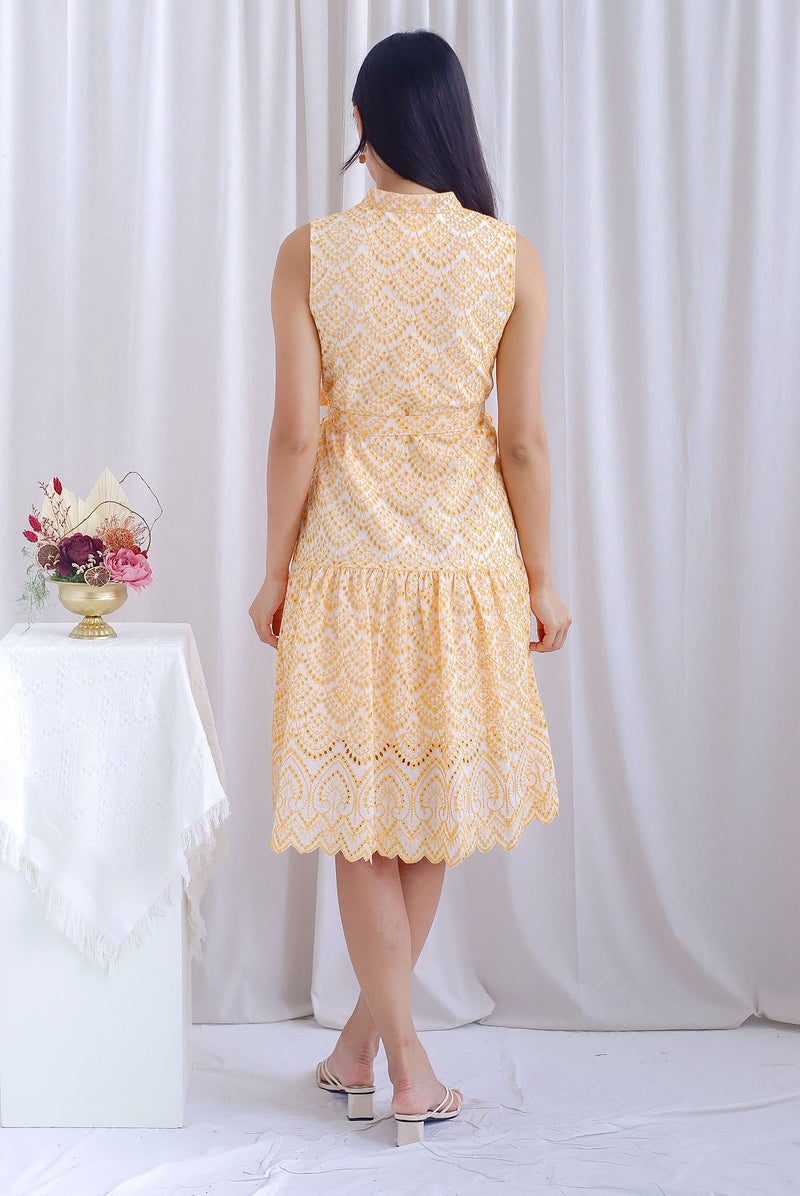 Arrie Embro Oriental Collar Tiered Dress In Yellow