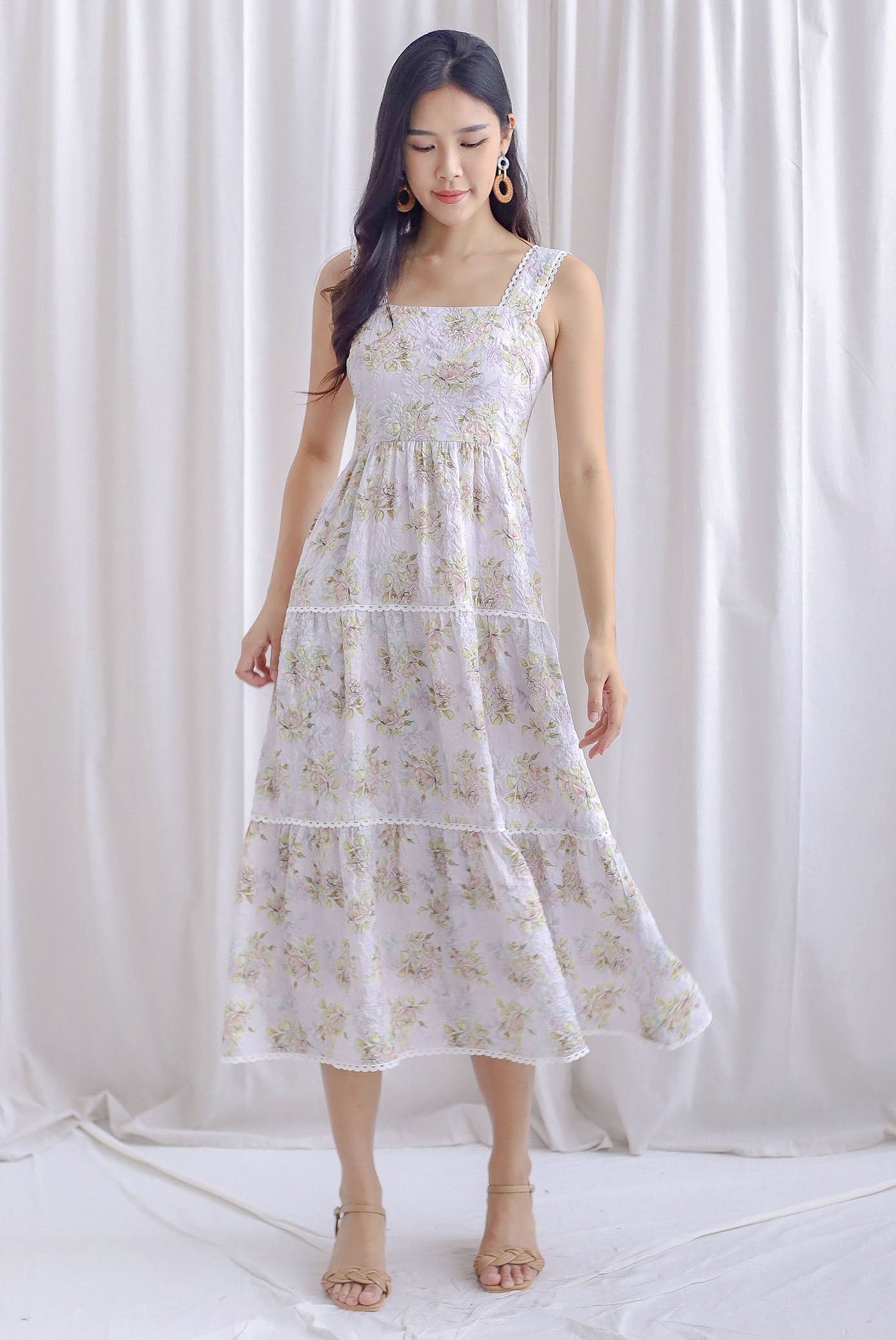 *Premium* Aryn Emboss Floral Lattice Strap Maxi Dress In Lilac Pink