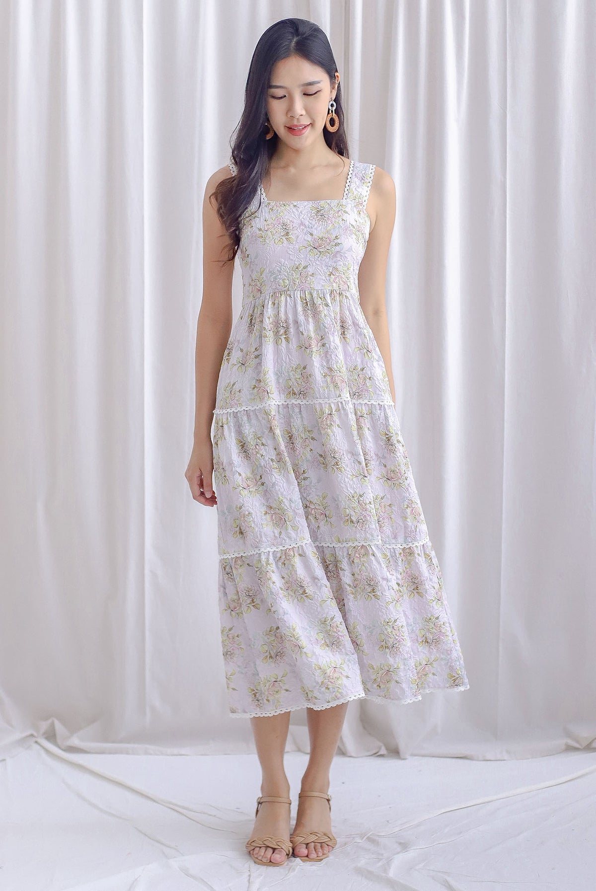 *Premium* Aryn Emboss Floral Lattice Strap Maxi Dress In Lilac Pink