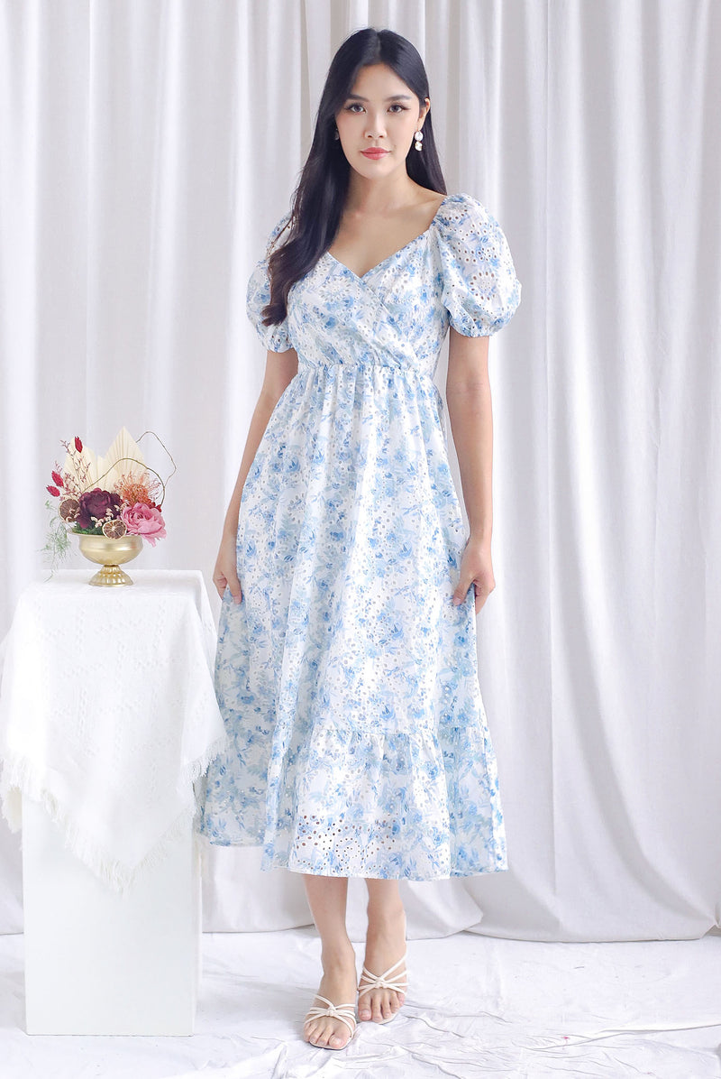 Auden Floral Embro Sleeved Overlap Maxi Dress In Blue
