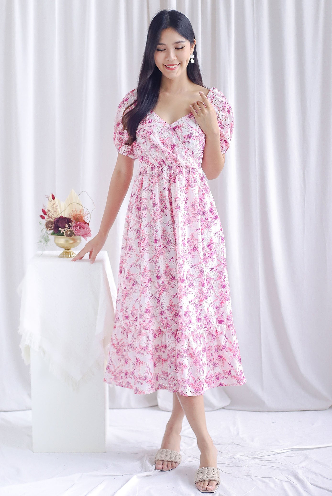 Auden Floral Embro Sleeved Overlap Maxi Dress In Pink – The Design