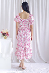 Auden Floral Embro Sleeved Overlap Maxi Dress In Pink