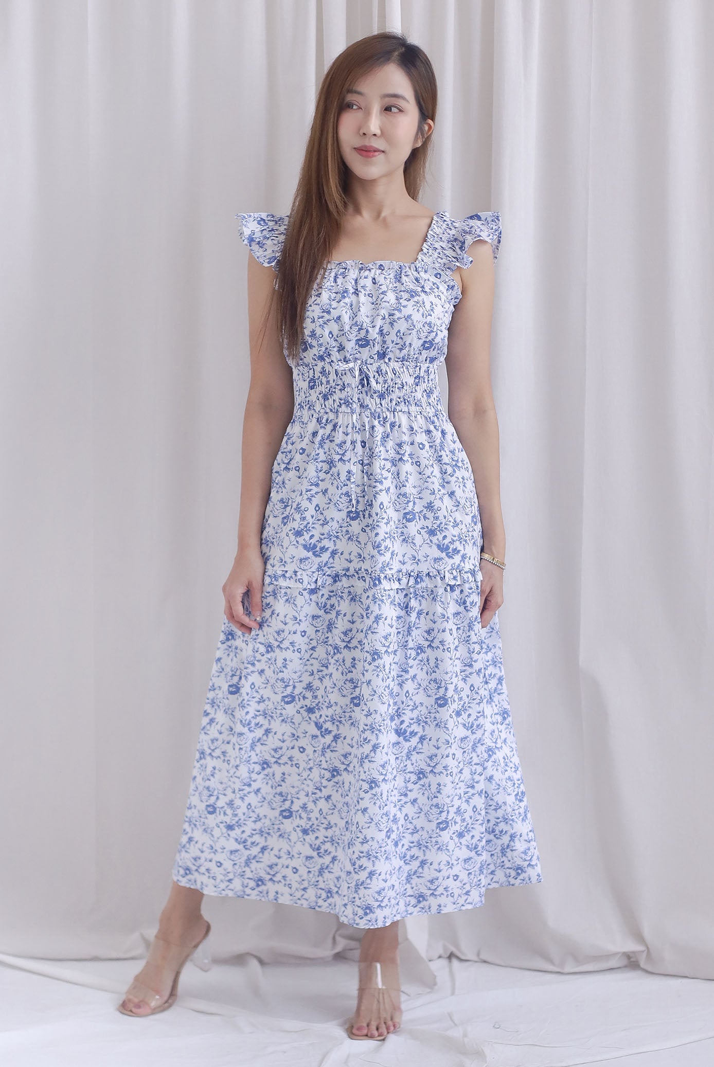 Aurell Thick Waist Ruffle Sleeve Maxi Dress In Blue Floral