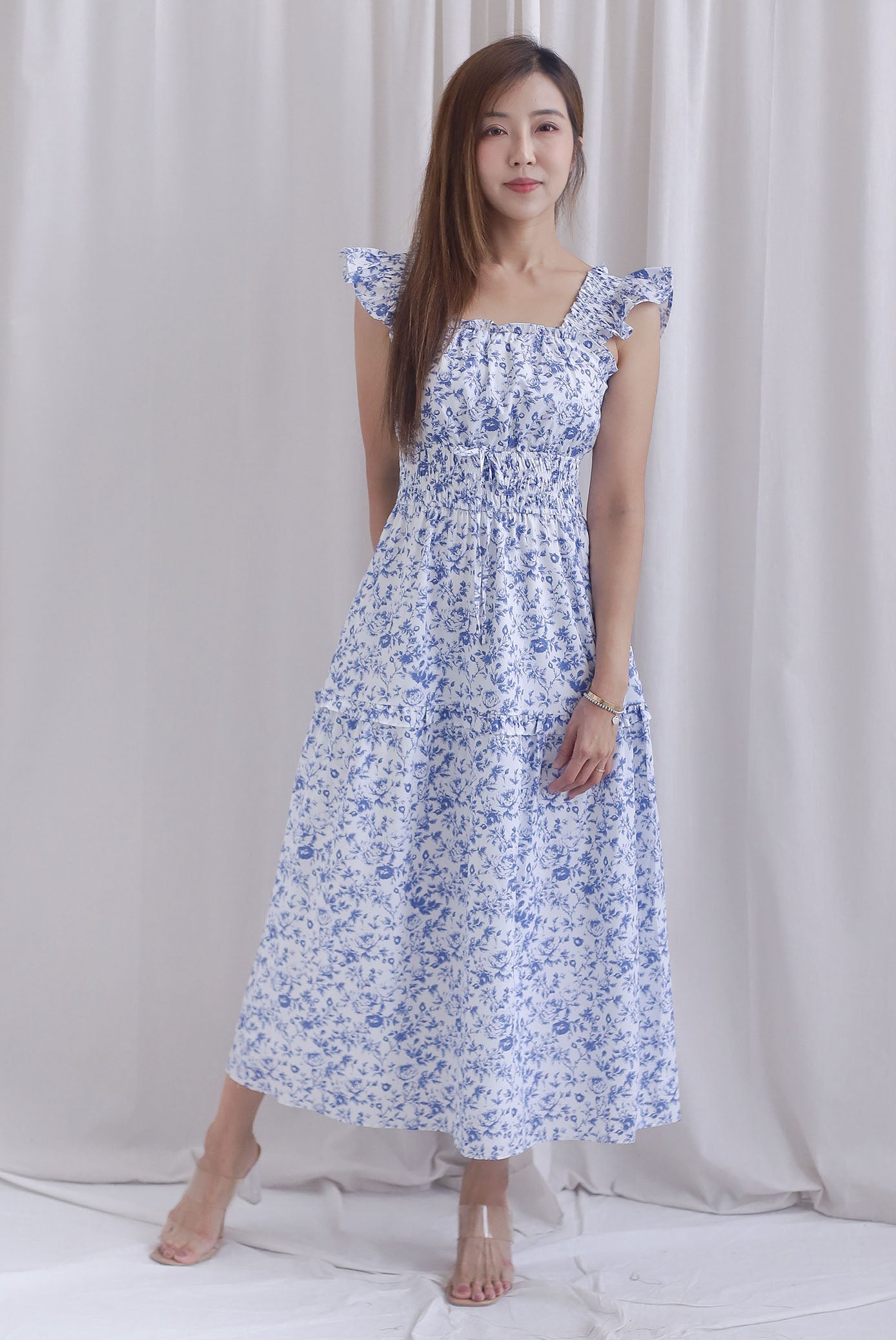 Aurell Thick Waist Ruffle Sleeve Maxi Dress In Blue Floral
