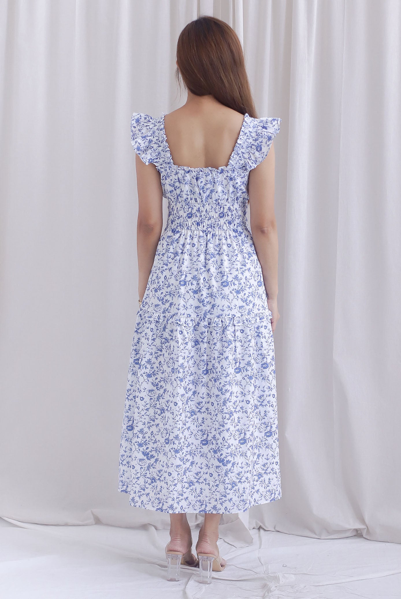 Aurell Thick Waist Ruffle Sleeve Maxi Dress In Blue Floral