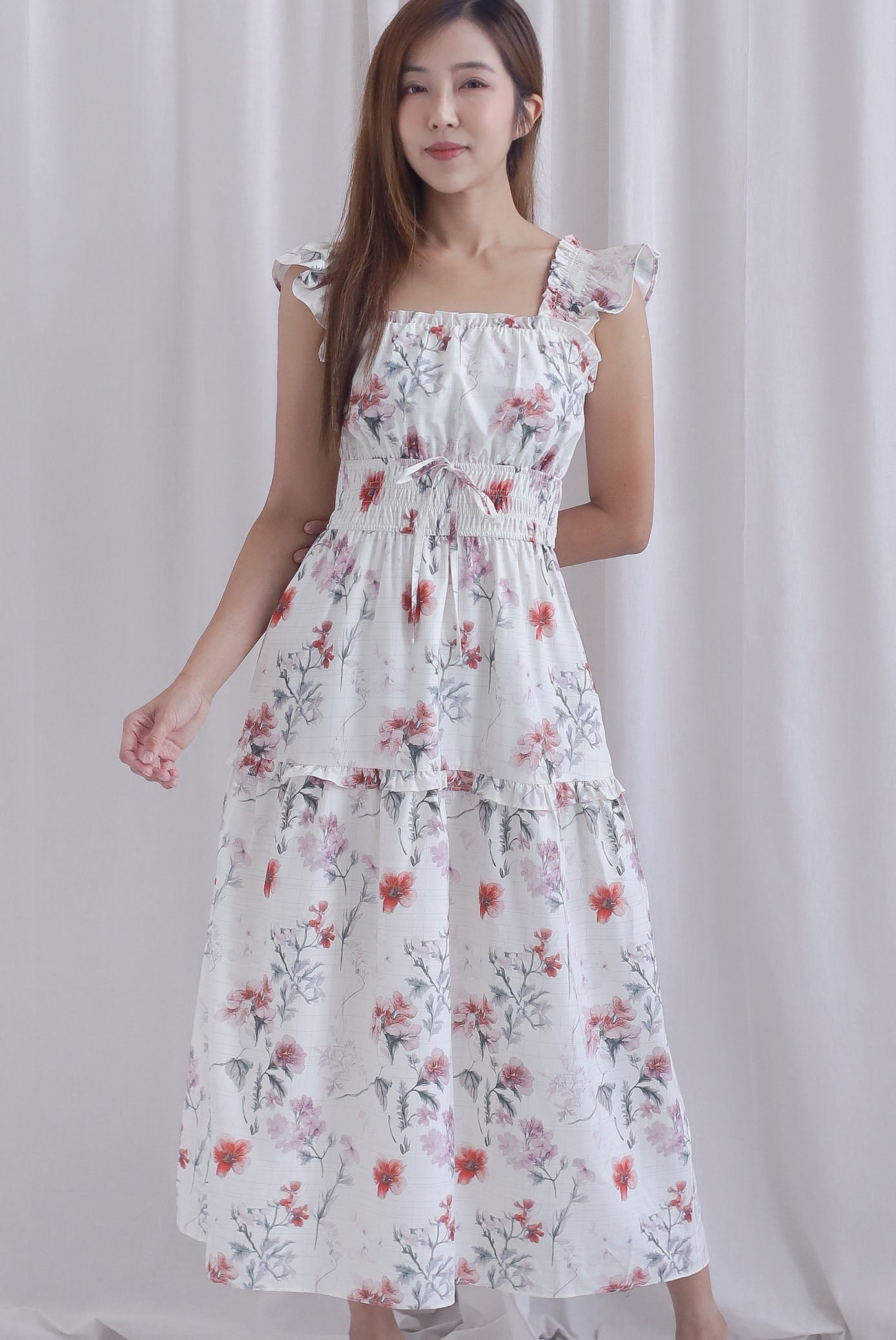 Aurell Thick Waist Ruffle Sleeve Maxi Dress In White Floral