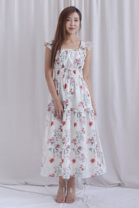 Aurell Thick Waist Ruffle Sleeve Maxi Dress In White Floral