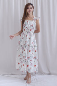 Aurell Thick Waist Ruffle Sleeve Maxi Dress In White Floral