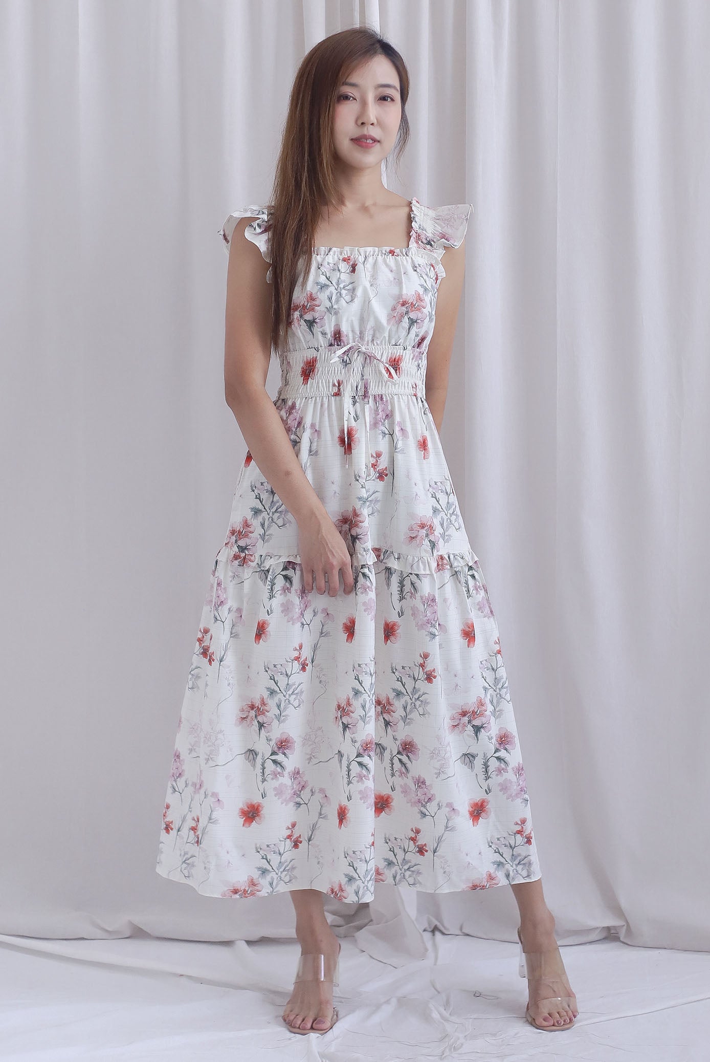 Aurell Thick Waist Ruffle Sleeve Maxi Dress In White Floral