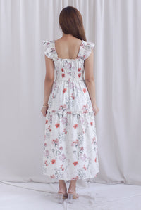 Aurell Thick Waist Ruffle Sleeve Maxi Dress In White Floral