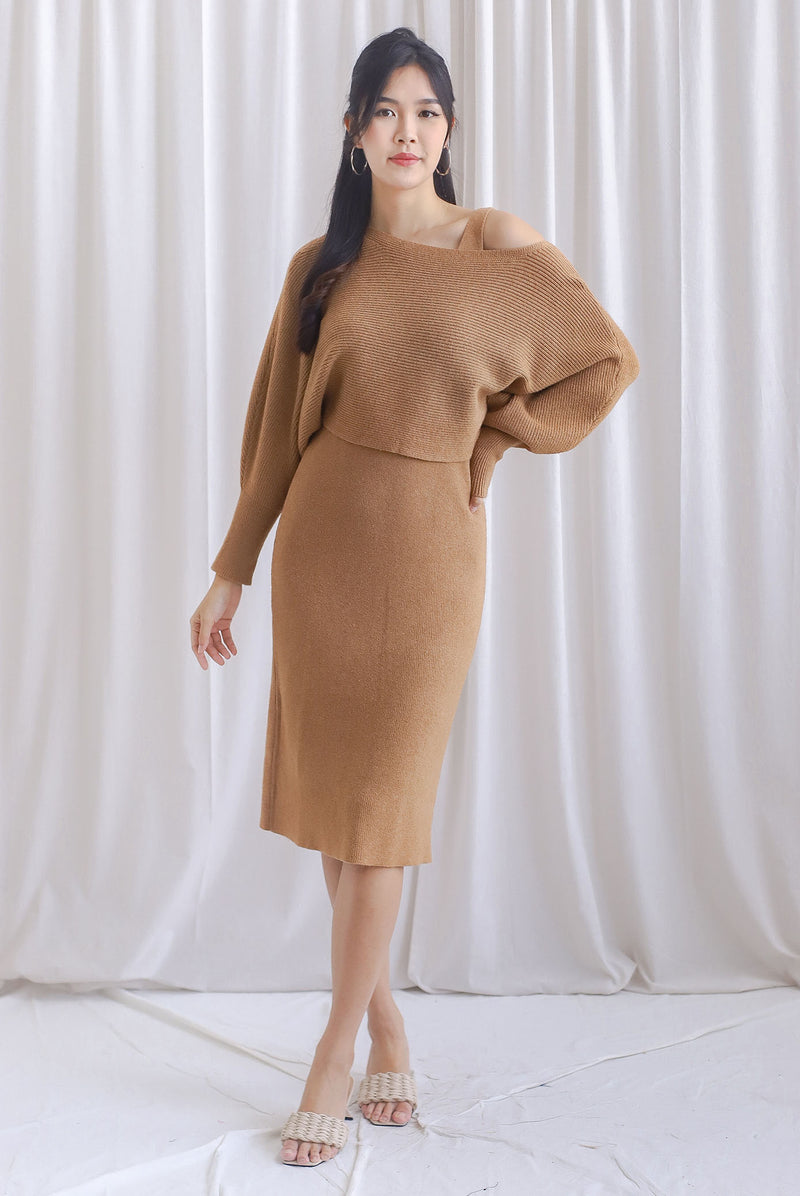 Bailee Two Piece Puffy Sleeve Knit Set In Camel Brown