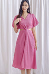 Bea Puffy Sleeve Knot Cut Out Midi Dress In Orchid Pink