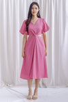 Bea Puffy Sleeve Knot Cut Out Midi Dress In Orchid Pink