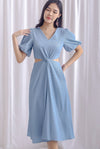 Bea Puffy Sleeve Knot Cut Out Midi Dress In Dusty Blue